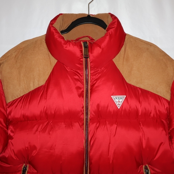 Guess Vibrant Red Puffer Jacket with Tan Details - Picture 2 of 5
